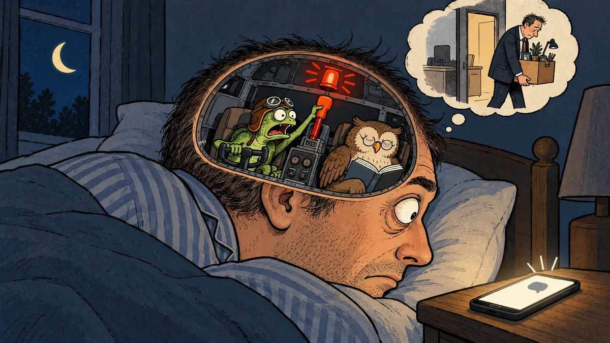 Satirical cartoon: at night a sleepless office worker stares at the phone on his nightstand. Inside his head, drawn as an airplane cockpit, a small lizard pulls the emergency lever while an owl in reading glasses sleeps in the co-pilot seat with an open book.