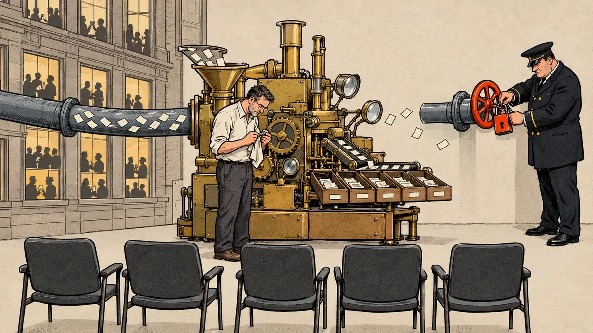 Vignetta: un uomo lucida con cura un ingranaggio di una grande macchina d'ottone, alimentata da un tubo pieno di fogli che arriva da un palazzo affollato. Dall'altra parte un funzionario in uniforme chiude con un lucchetto la valvola del tubo, mentre davanti alla macchina una fila di sedie resta vuota.