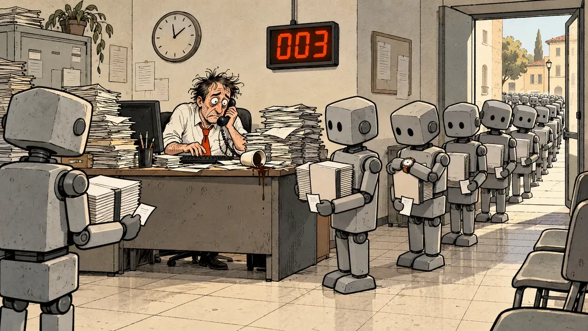 Un impiegato sommerso dalle pratiche risponde al telefono dietro la scrivania, mentre una lunga fila di robot grigi, ognuno con un lavoro già finito e un biglietto in mano, aspetta il proprio turno. Il display eliminacode segna 003.