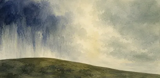 Watercolour: rain falling from a dark cloud over one side of a low hill, clear sky over the other.