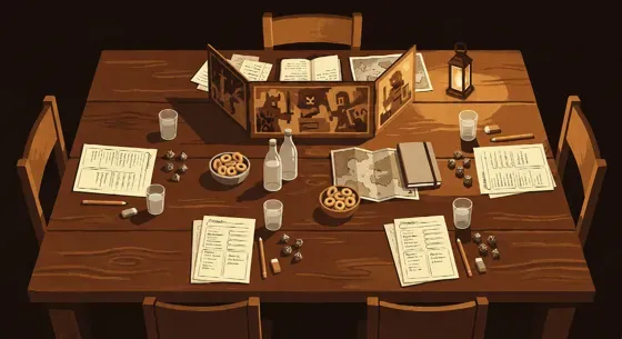 A tabletop seen from above: a GM screen, character sheets, dice, glasses and a jug of water.
